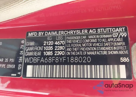 2000 Mercedes-Benz Sl 500 z USA, uszkodzony, nr VIN WDBFA68F8YF188020